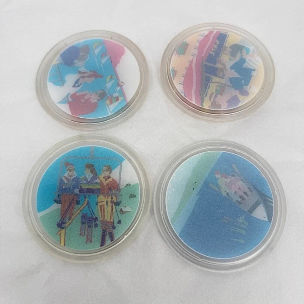 Vintage Kitsch Colorful Plastic Drink Coasters Vacation Scenes Set of 4 Barware